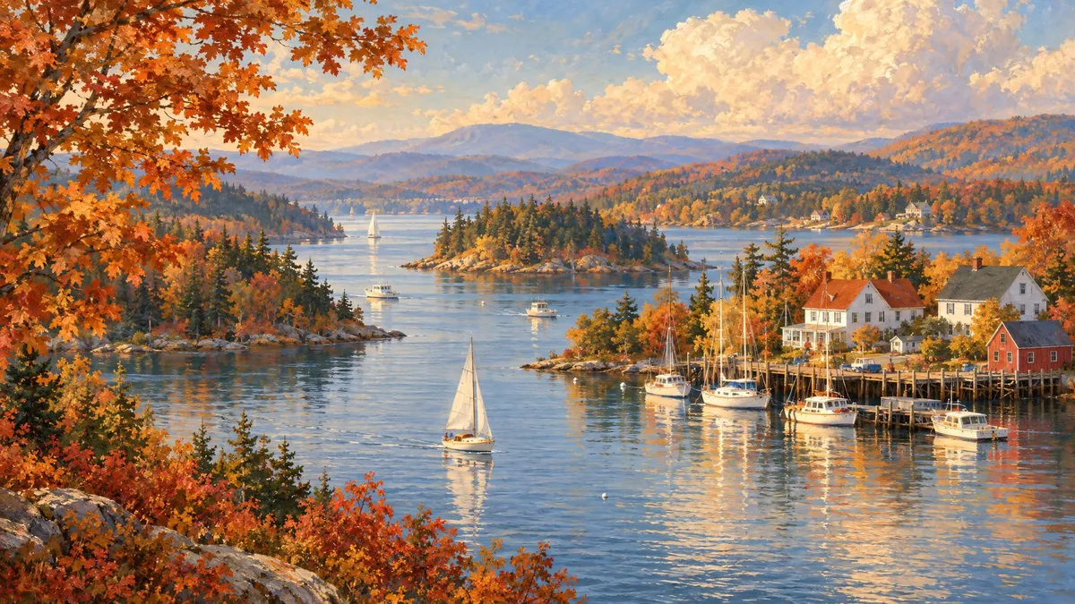 Elevated view of an autumn harbor with white sailboats at a pier, clapboard houses, maple leaves and distant hills