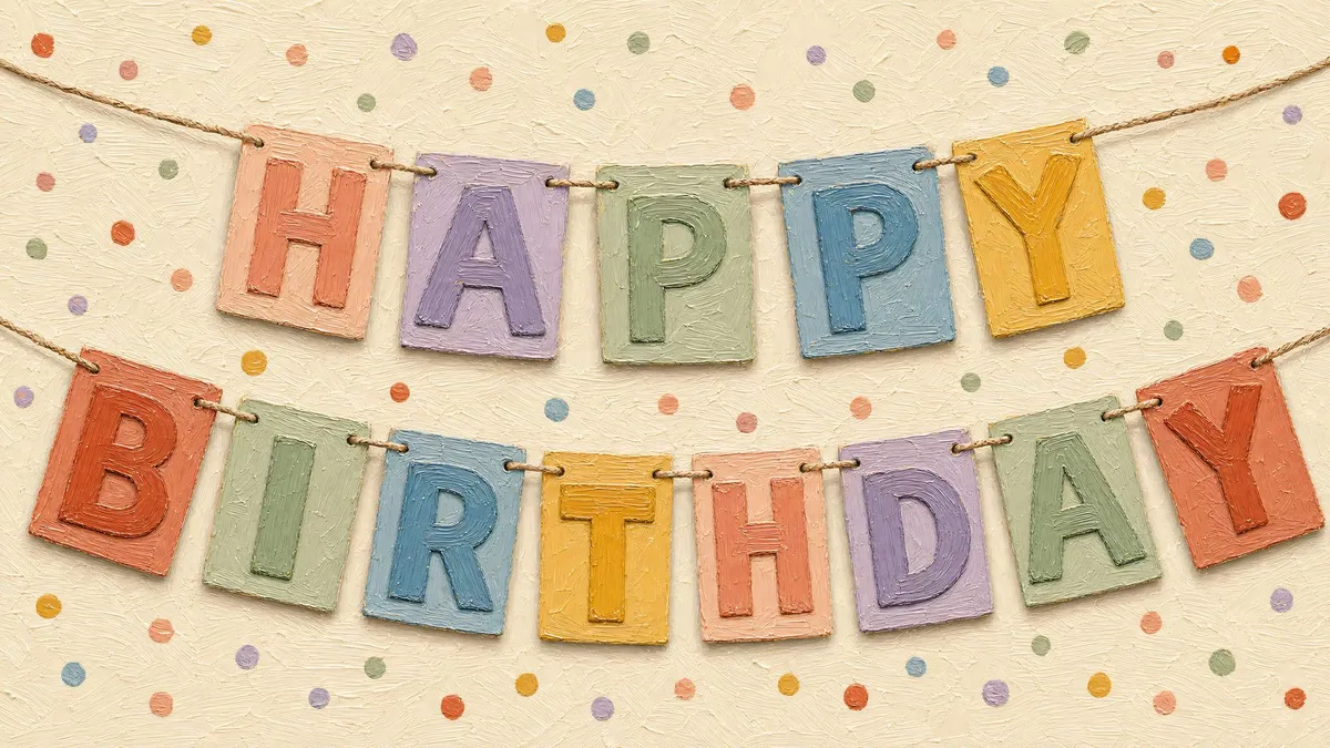 Textured painted bunting banner spelling HAPPY BIRTHDAY in pastel letters on cord, with confetti on cream