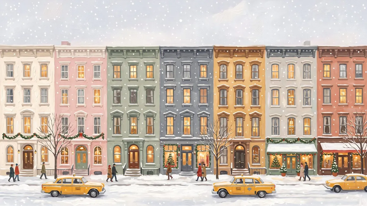 Snowy Pastel Townhouse Street shown on your frame