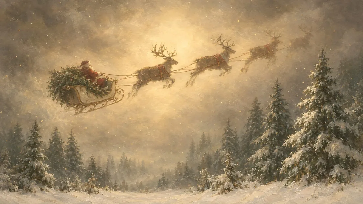 Santa Sleigh Misty Pine Forest shown on your frame
