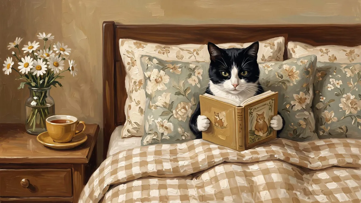 Cat Reading In Bed shown on your frame