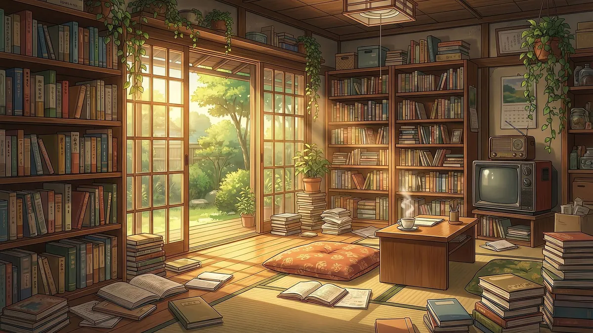 Sunlit study with tall bookshelves, stacked books, a low table, floor cushion, old television and open garden doors