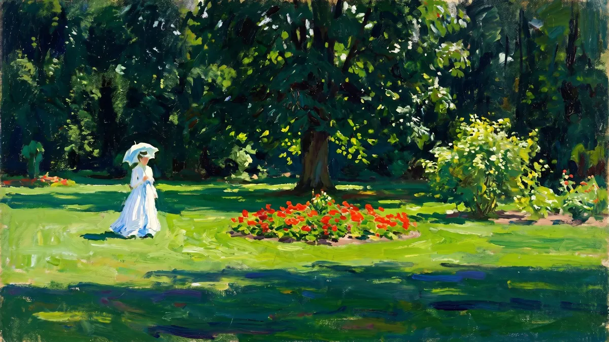 Woman in a white dress holding a parasol on a sunlit lawn, with a red flower bed and a large leafy tree