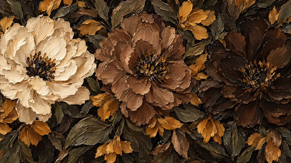 Three large stylized blooms in ivory, mocha and espresso brown among dark olive leaves on a near-black ground