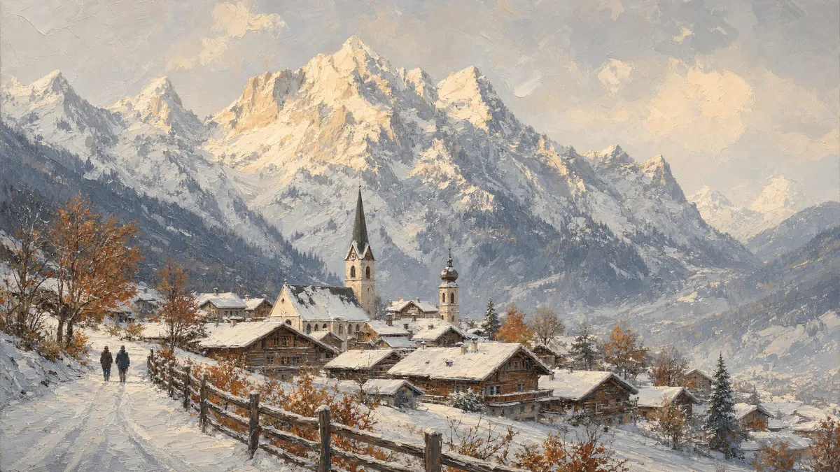 Snowy Alpine Village shown on your frame