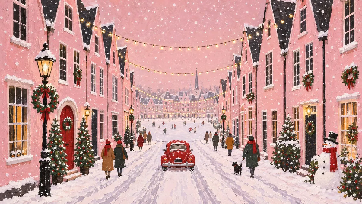 Pink townhouse street in snowfall with a red beetle car, bundled townspeople, a snowman and skaters in the distance