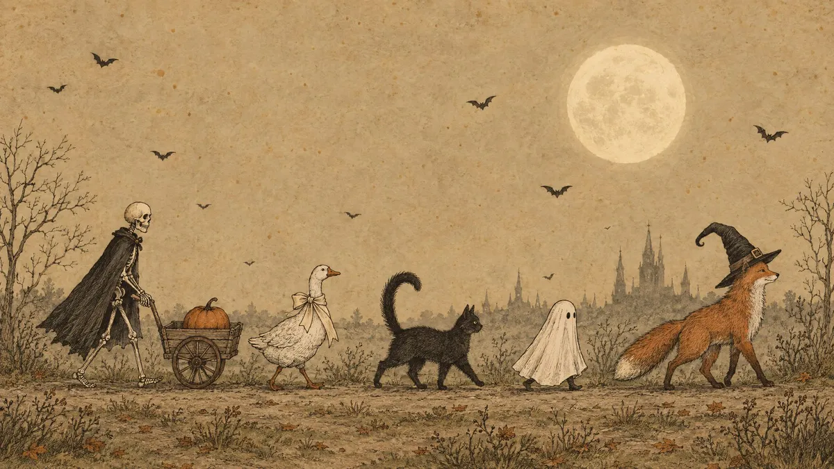 Skeleton with a pumpkin cart, goose, black cat, ghost and fox in a witch hat walking beneath a full moon