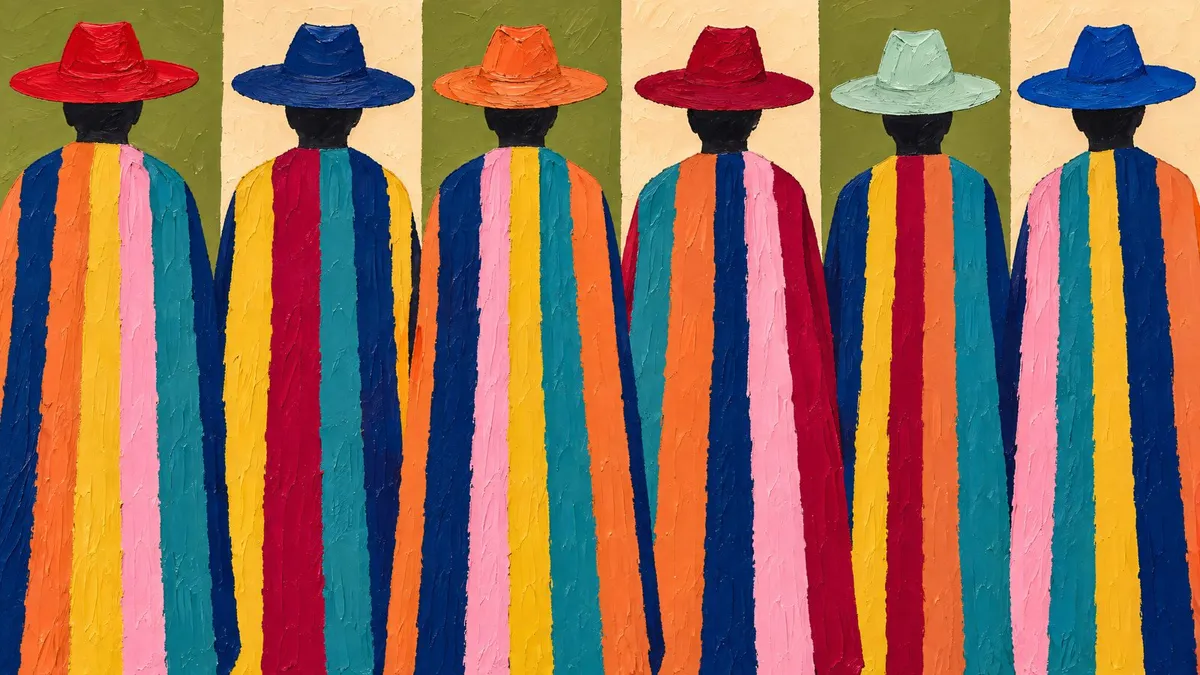 Six figures seen from behind in wide-brimmed hats and bold striped serapes against olive green and cream panels