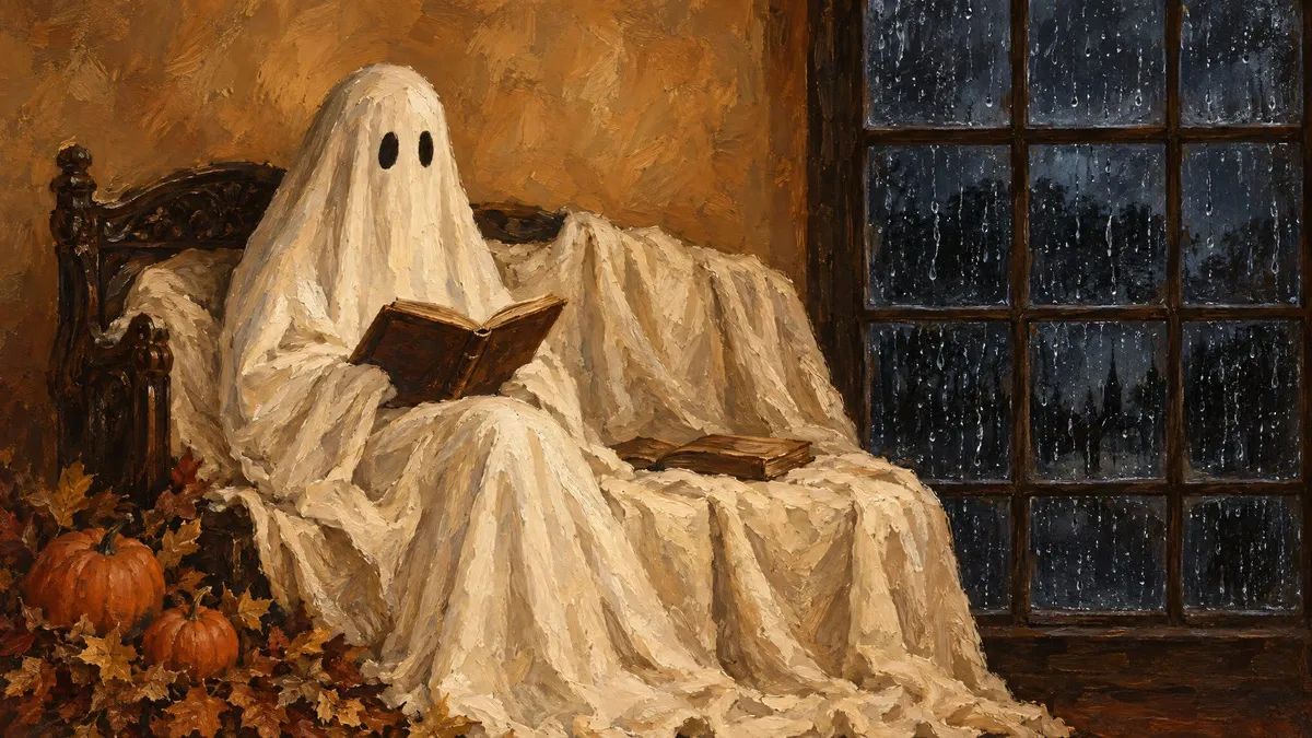 Sheet ghost seated on a draped dark wood bench reading a book beside a rainy night window, with pumpkins and leaves