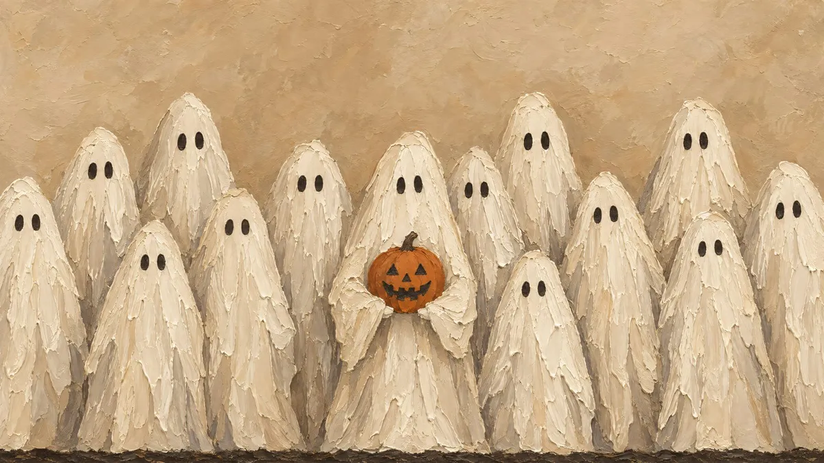 A tightly packed row of more than ten white ghosts, one holding a small jack-o'-lantern, in thick impasto paint