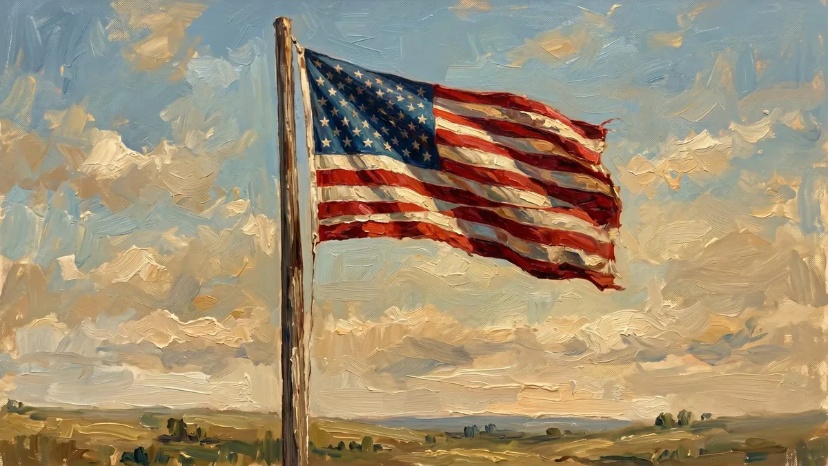 American flag flying from a wooden pole under a cloudy blue sky above a grassy plain