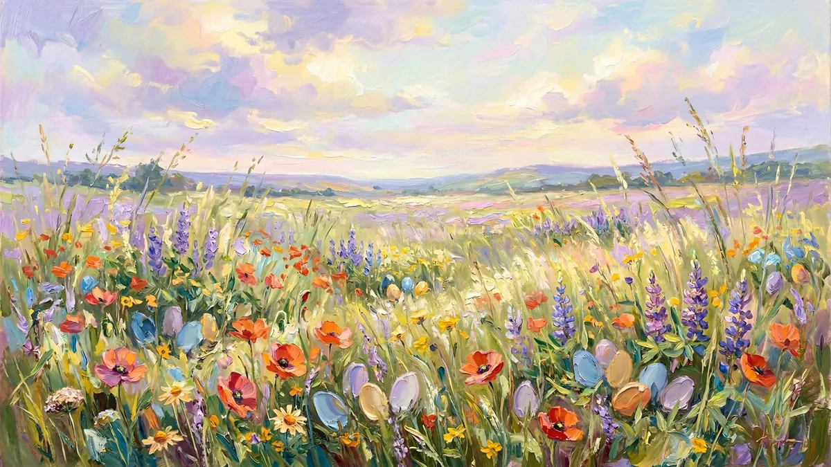 Wildflower meadow with red poppies, purple lupines and pastel eggs in the grass under a pastel sky