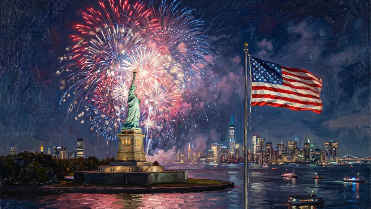 Fireworks over the Statue of Liberty at night, an American flag on a pole, and the city skyline across the water