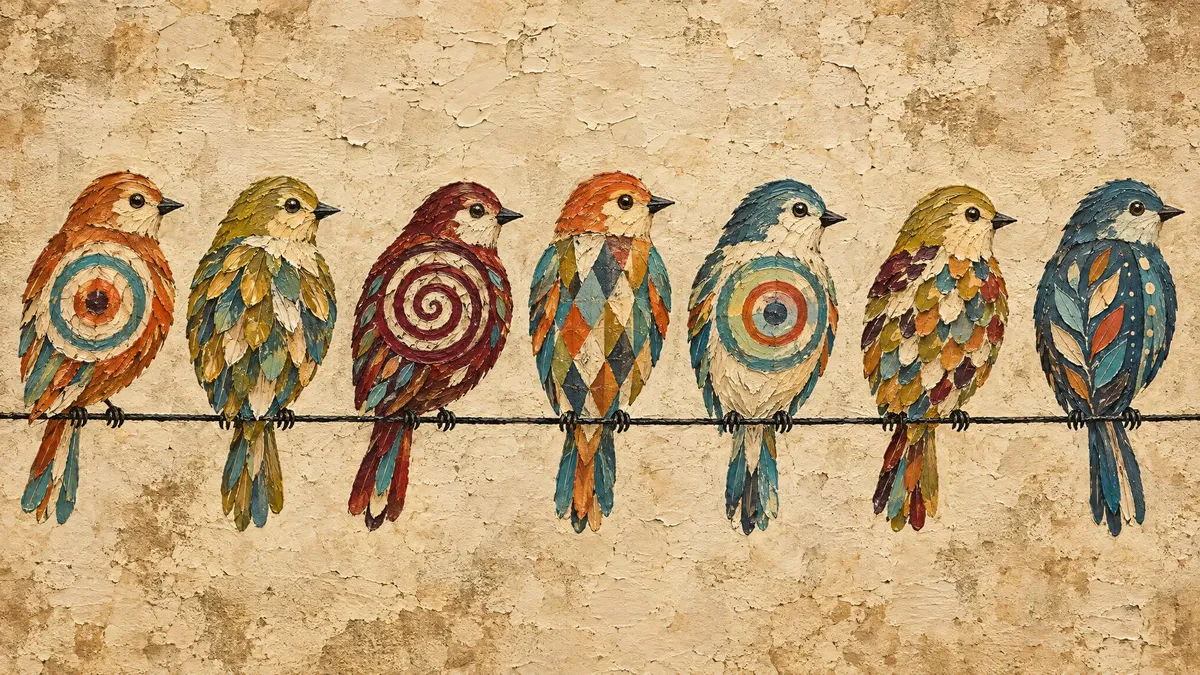 Seven patterned folk-art songbirds perched in a row on a thin black wire against an aged parchment background