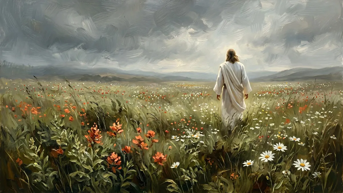 Figure in a white robe walks through a meadow of red poppies and white daisies under a stormy sky with distant hills
