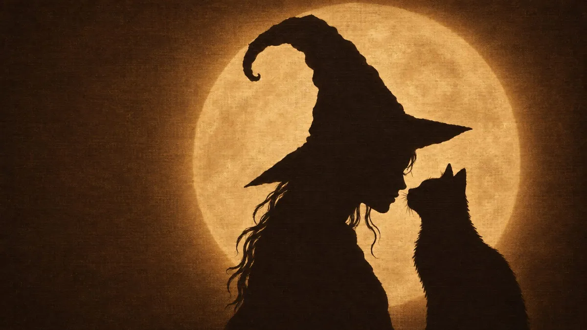 Silhouetted witch in a pointed hat facing a sitting black cat nose to nose in front of a large glowing full moon
