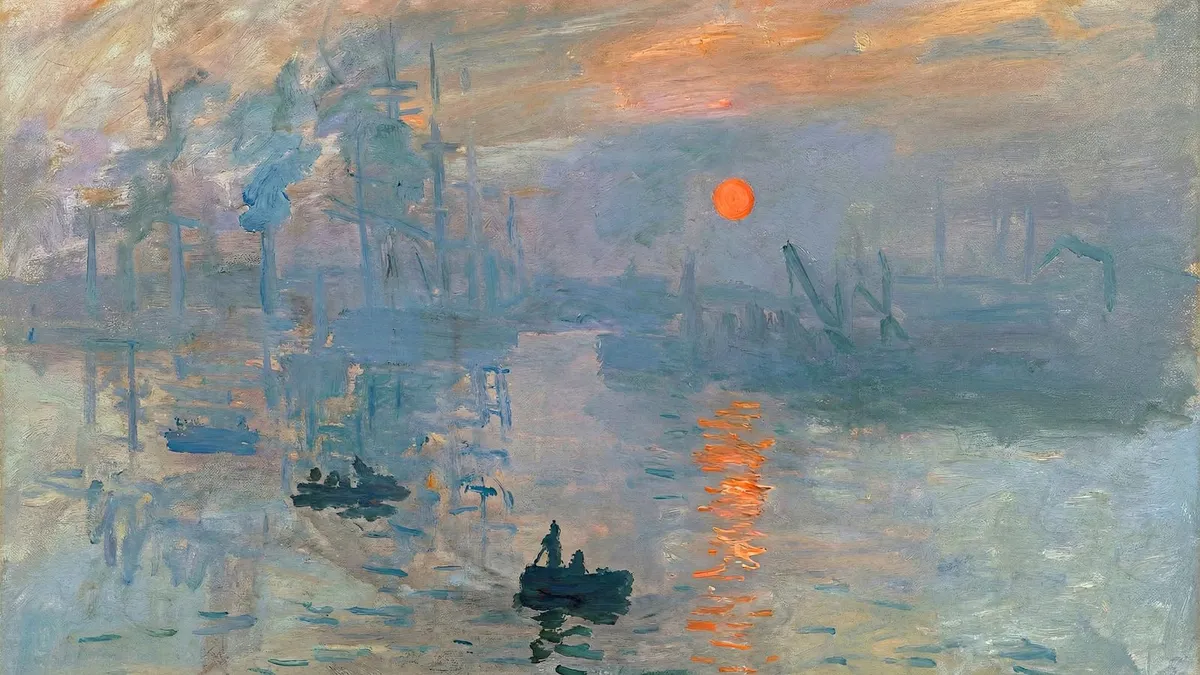 Orange sun over a misty harbor with small rowboats and ship silhouettes reflected in blue-gray water