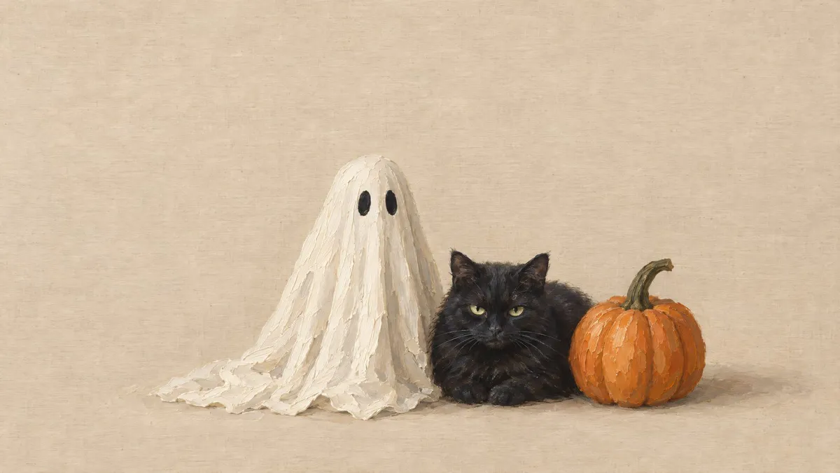 A white sheet ghost, a black cat lying down and an orange pumpkin on a beige linen background