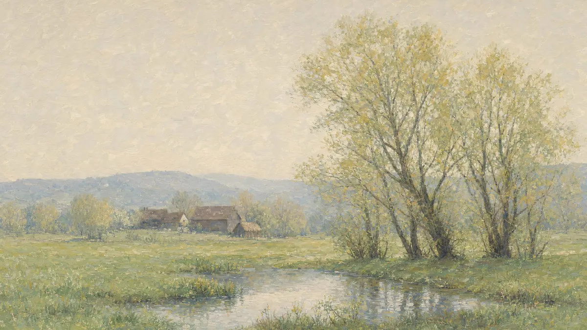 Willow trees, a small farmhouse and barn, and a narrow stream across a green meadow under a hazy sky
