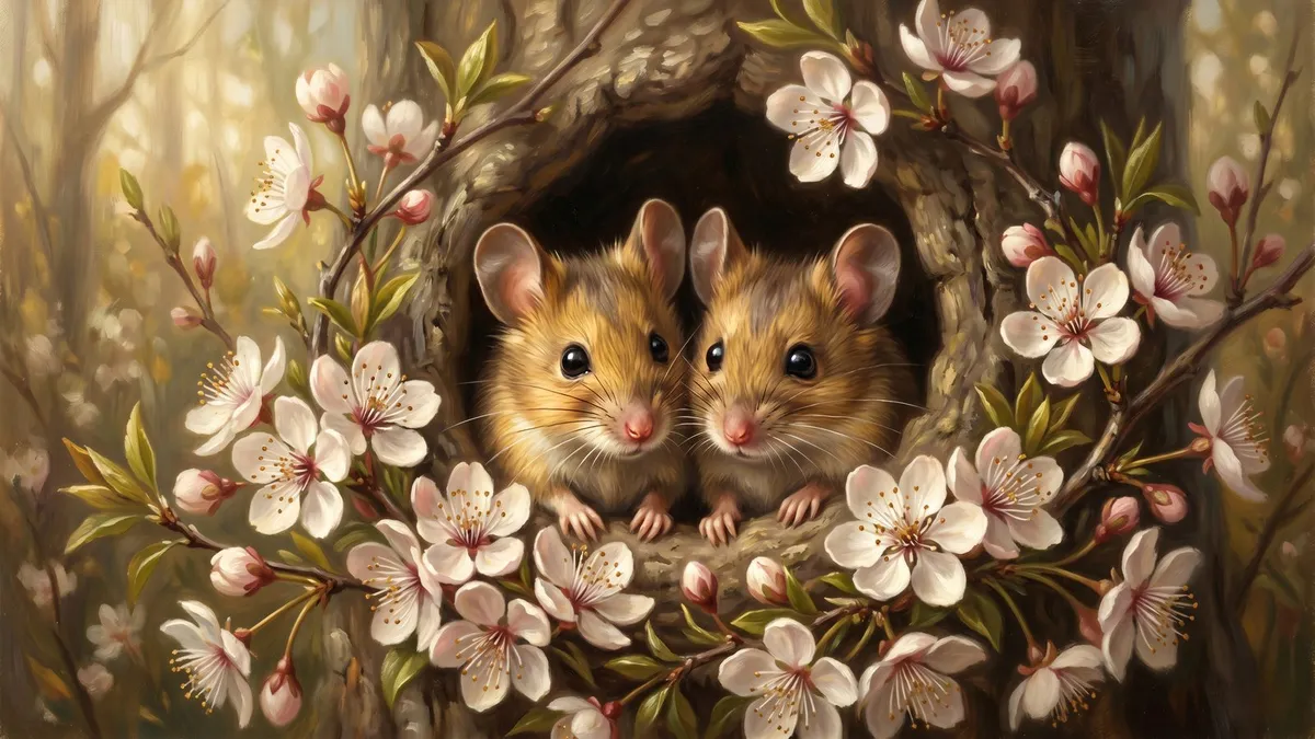Two mice peer from a tree hollow framed by pink-white cherry blossoms and buds on branches