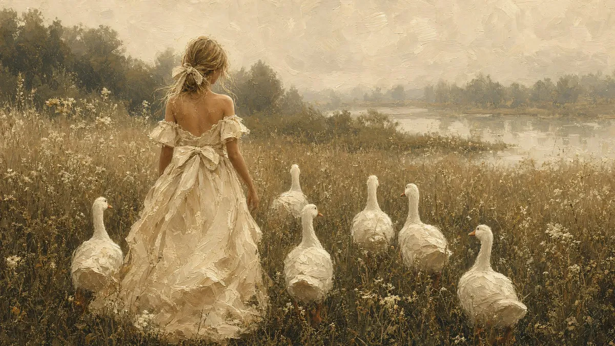 Girl And Geese Meadow shown on your frame