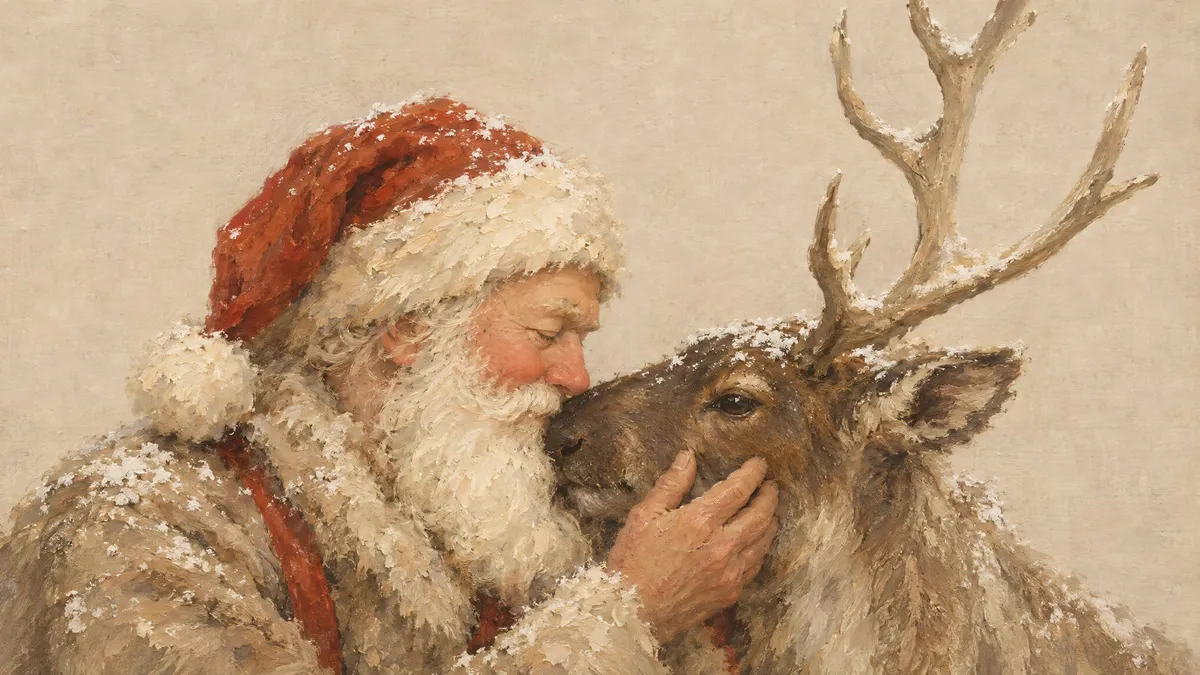 Santa Claus with closed eyes touching noses with a reindeer, snow on his red hat, coat and the reindeer's antlers