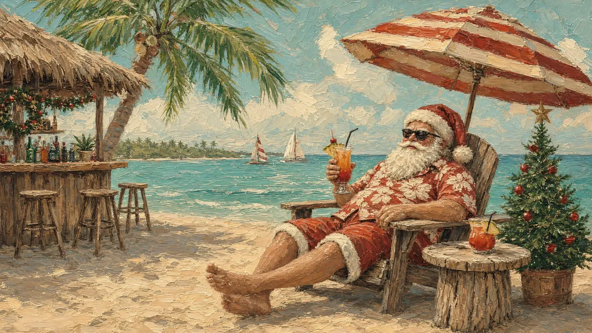Santa in sunglasses and a floral shirt reclines in a beach chair under a striped umbrella beside a tiki bar and ocean