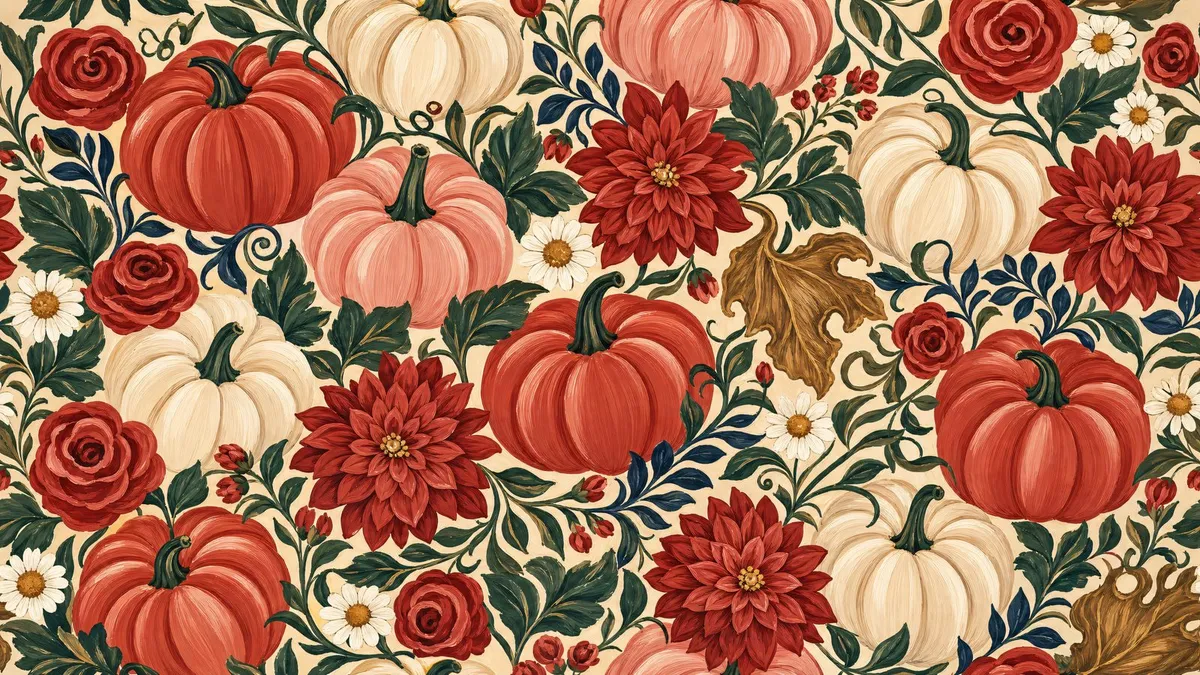 Dense repeating pattern of ribbed pumpkins, red roses and white daisies linked by dark green vines