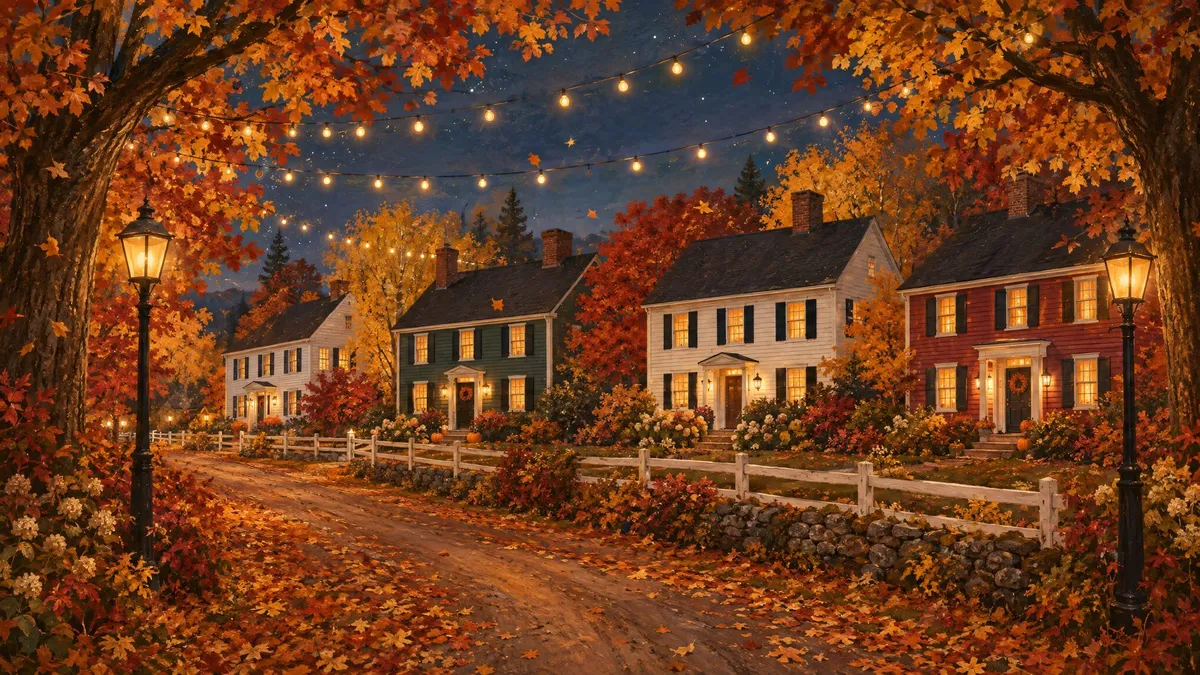Autumn village street at dusk with colonial houses, glowing lanterns, string lights and a leaf-covered road