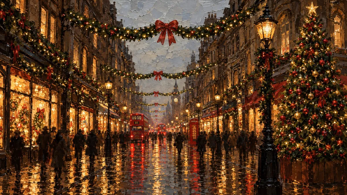 Christmas London Street Oil shown on your frame