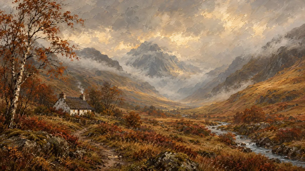 Autumn Highland Cottage Valley shown on your frame