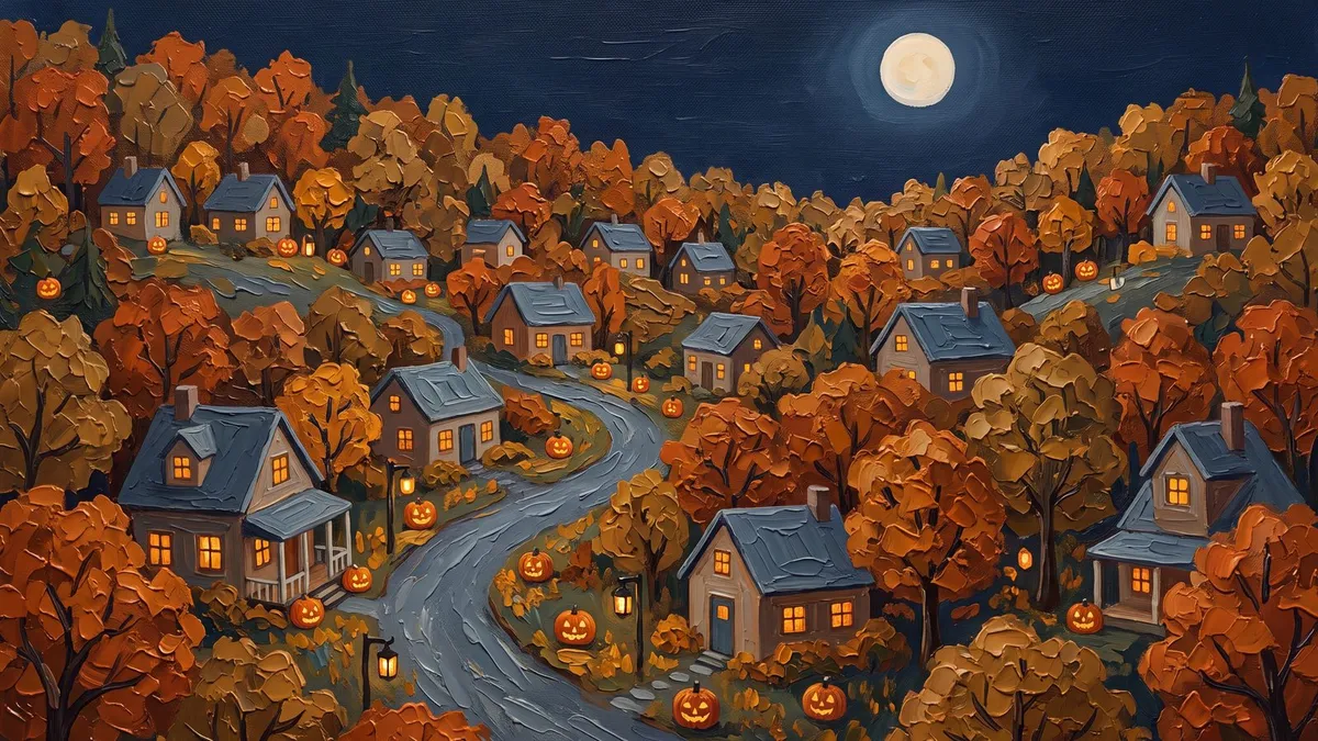 Moonlit Autumn Village shown on your frame