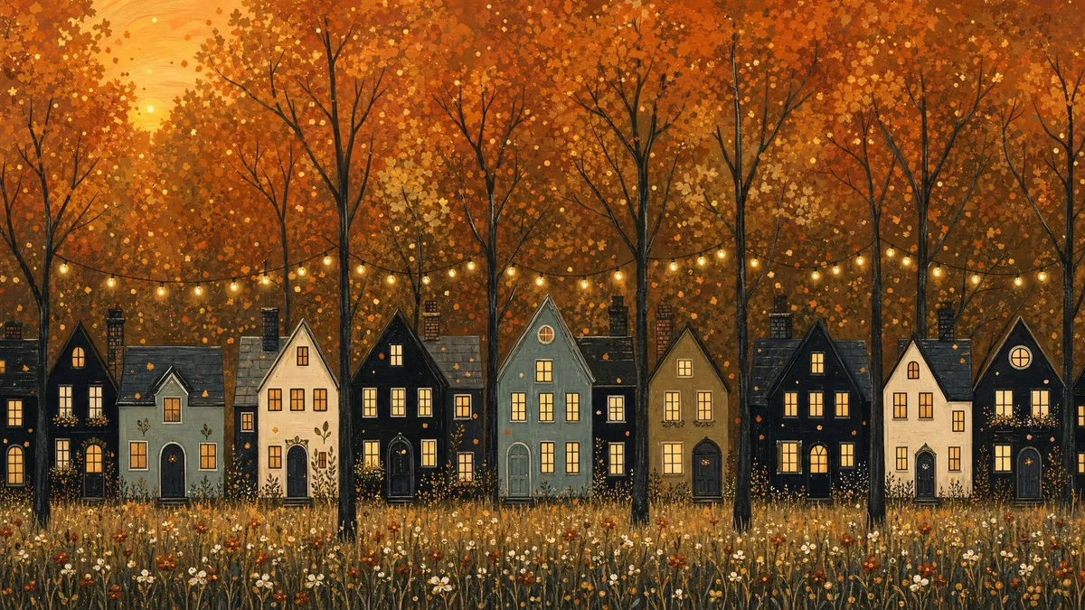 Autumn Village Twilight shown on your frame