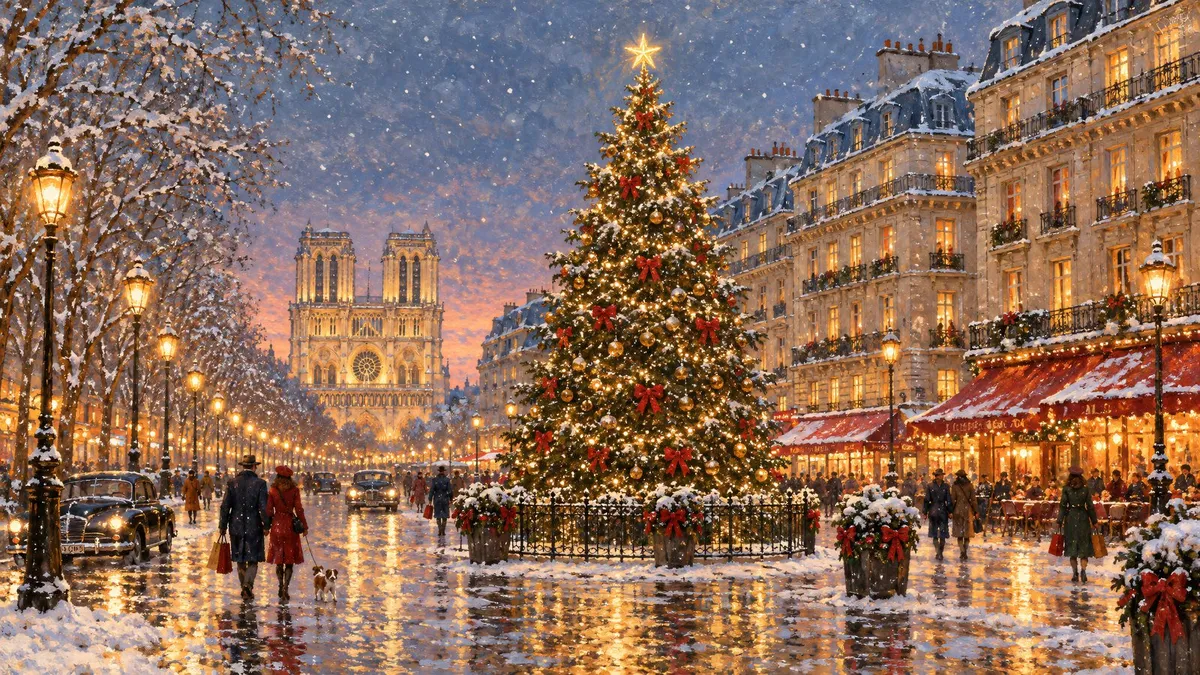 Snowy Paris square at dusk with a lit Christmas tree, lamplit boulevard, cream buildings and a distant cathedral