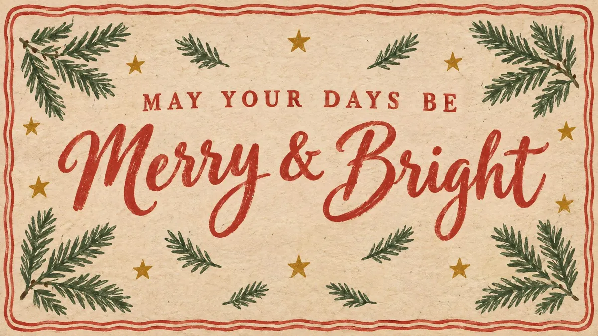 Hand-lettered 'May your days be Merry & Bright' in red script with pine sprigs, stars and a wavy border