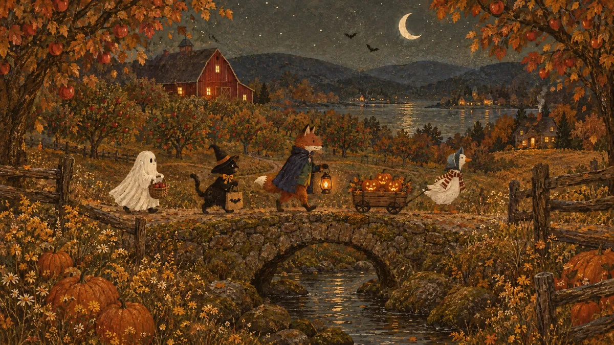 Halloween Parade Over Stone Bridge shown on your frame