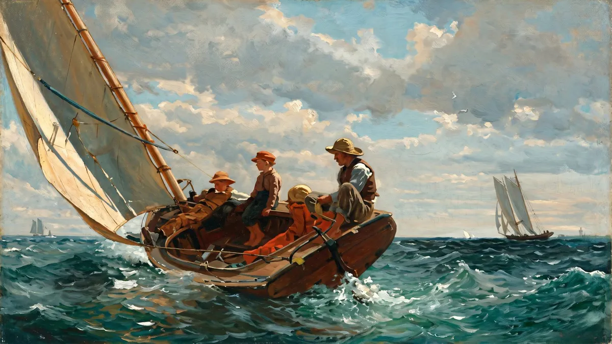 Men and boys in a tilted sailboat on choppy green water, with a distant schooner under a cloudy sky