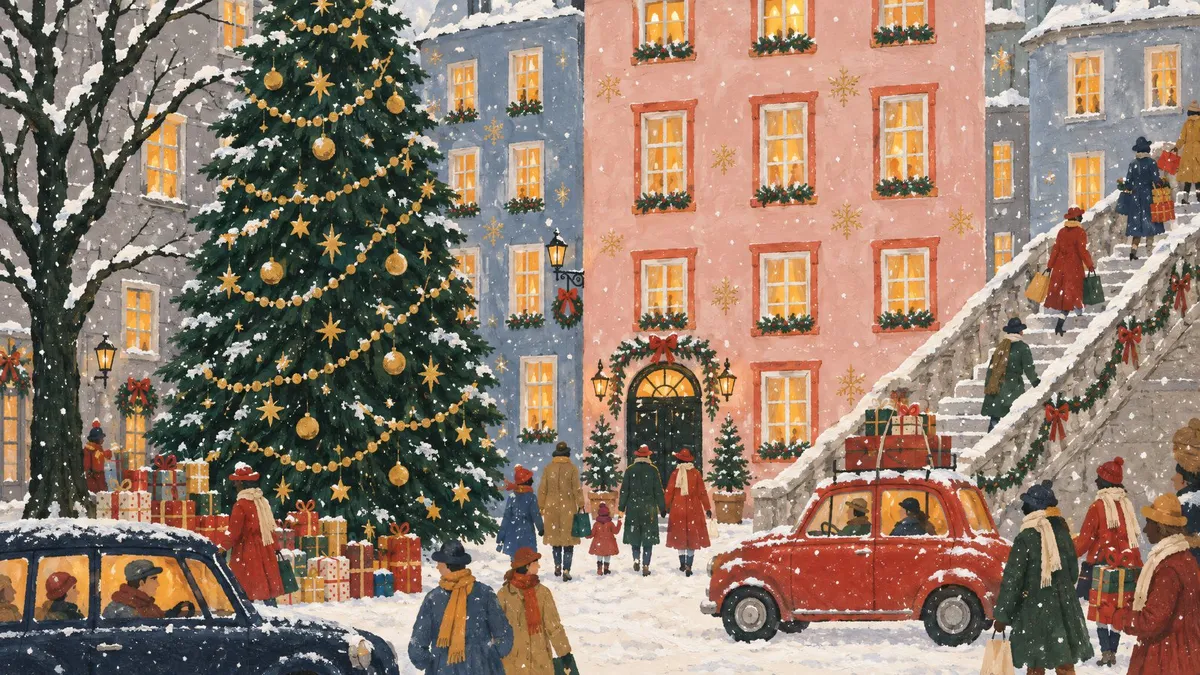 Snowy town square with pastel townhouses, a gold-decorated fir, a stone staircase, a red vintage car and pedestrians