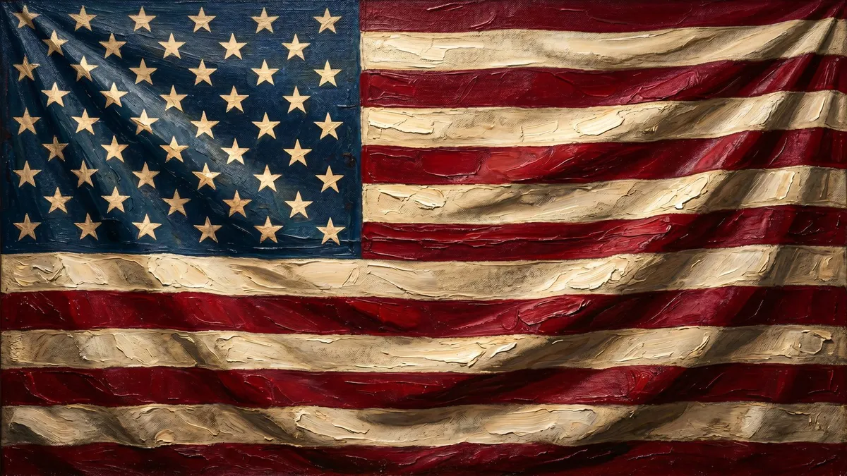 Close view of a textured American flag with cream stars on blue and worn red and cream stripes