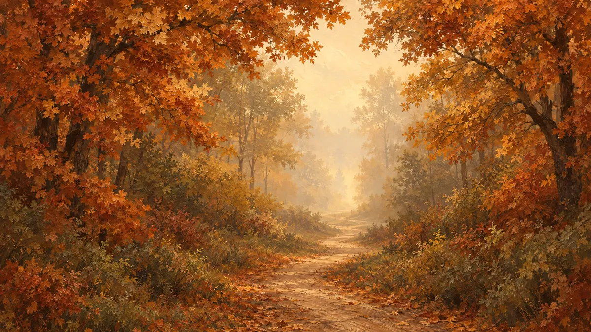 Golden Autumn Forest Path shown on your frame