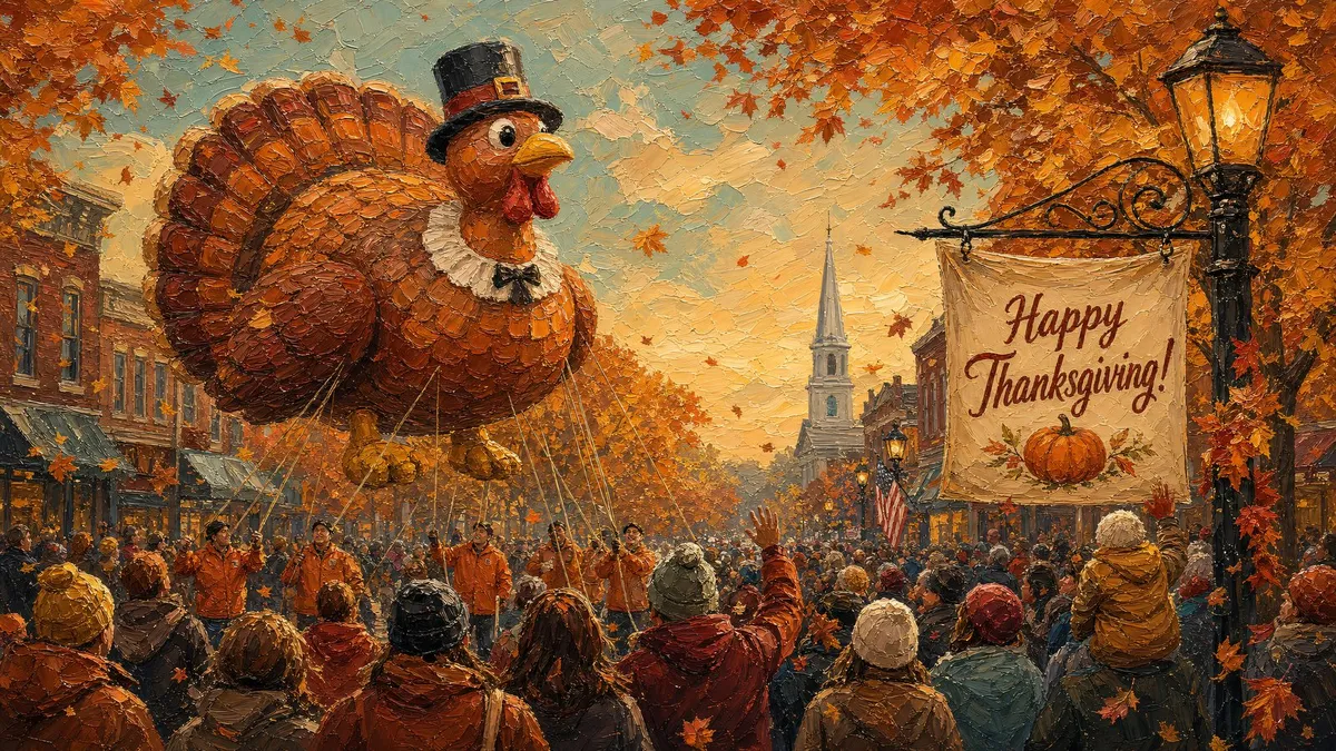 Giant turkey parade balloon in a top hat above a crowd on a brick-lined street with autumn trees and a church steeple