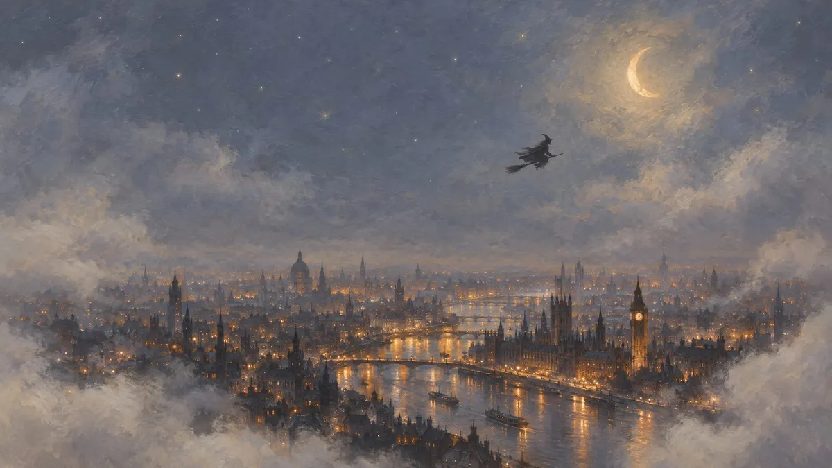 Silhouetted witch on a broomstick over a misty night city with spires, clock tower, river and crescent moon