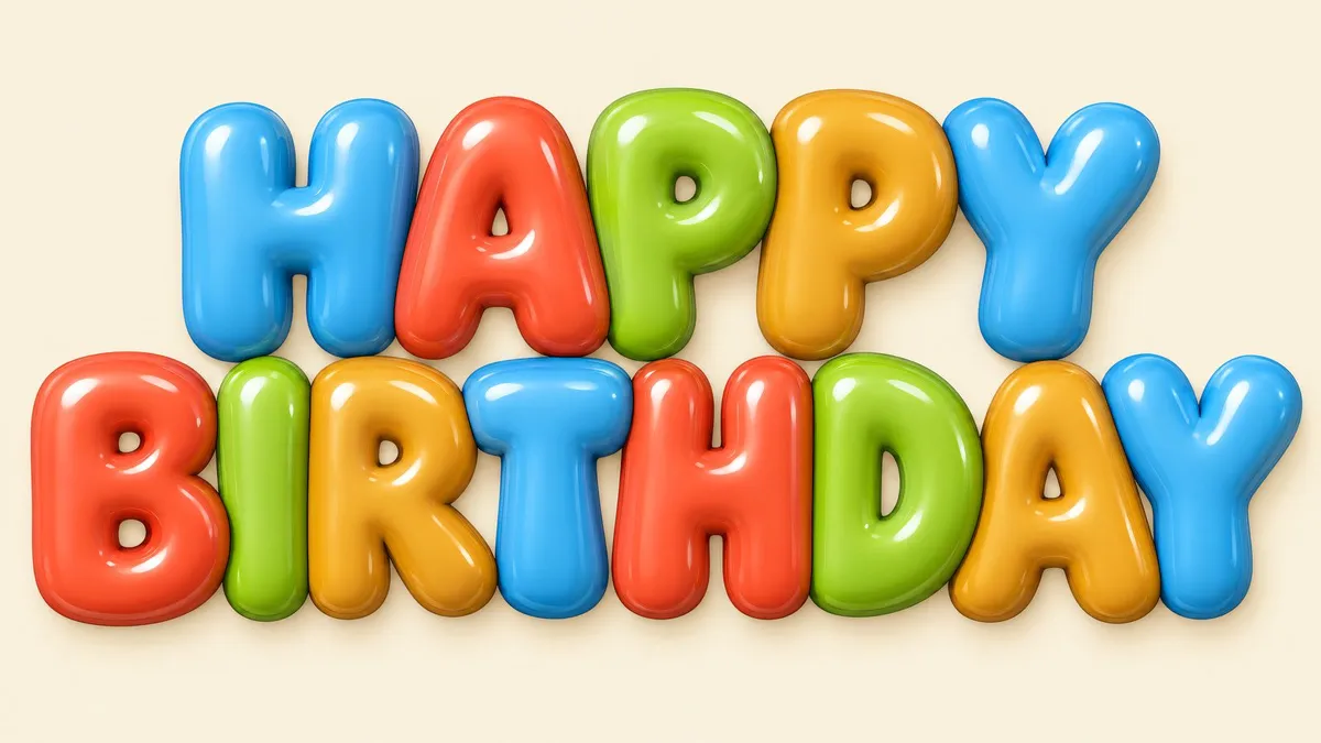 Glossy 3D bubble letters in blue, red, green and yellow spelling HAPPY BIRTHDAY in two rows on a cream background