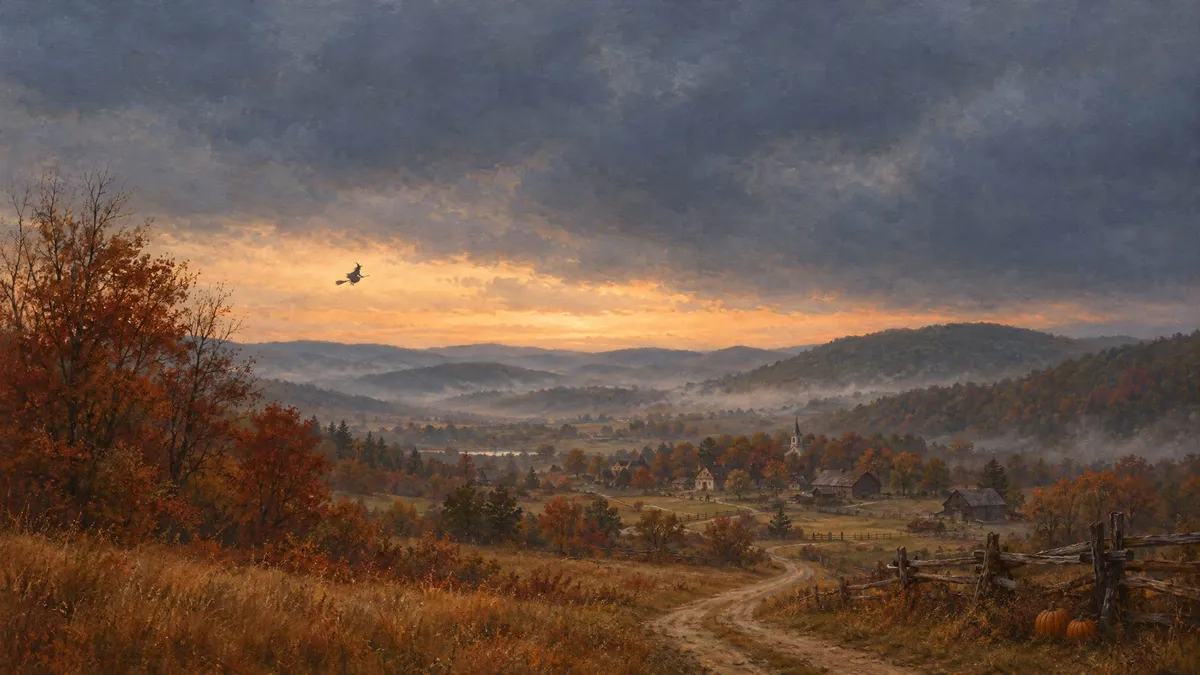 Silhouetted witch on a broom flying over a misty autumn valley with farmhouses, a dirt road and pumpkins at dusk