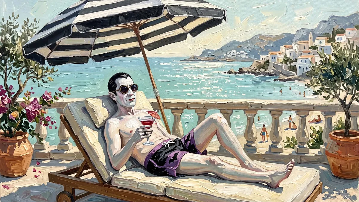 Pale man in sunglasses holding a cocktail on a lounge chair under a striped umbrella, overlooking a turquoise bay