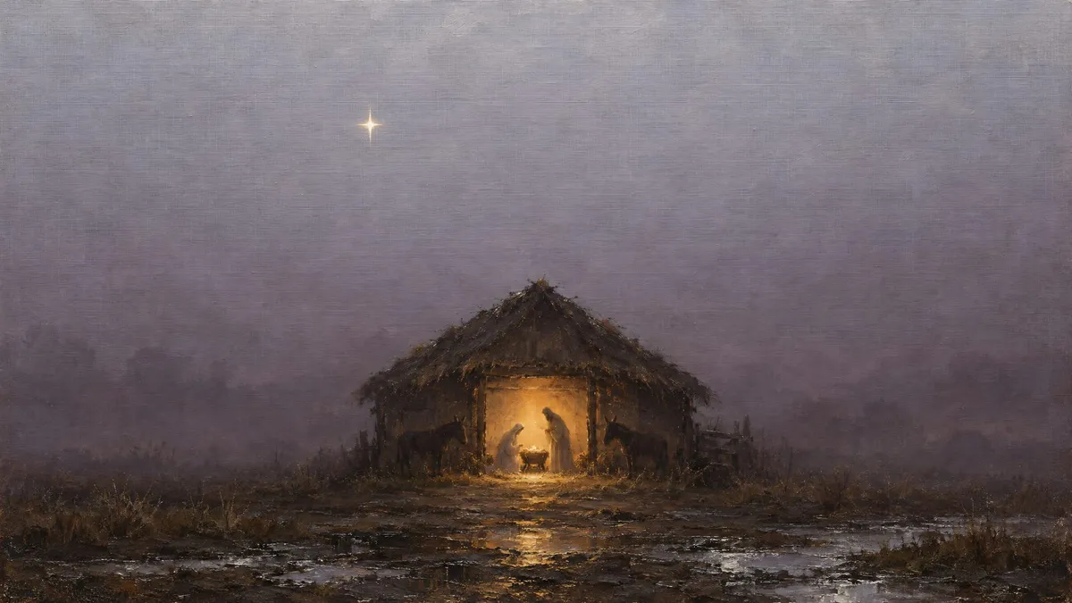 Thatched stable glowing with golden light at night, with a nativity scene, two donkeys and a bright star in fog