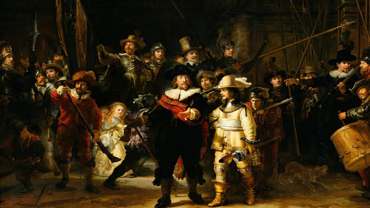 Crowd of costumed militia men with muskets, pikes and a drum, and a girl in yellow, lit against a dark hall