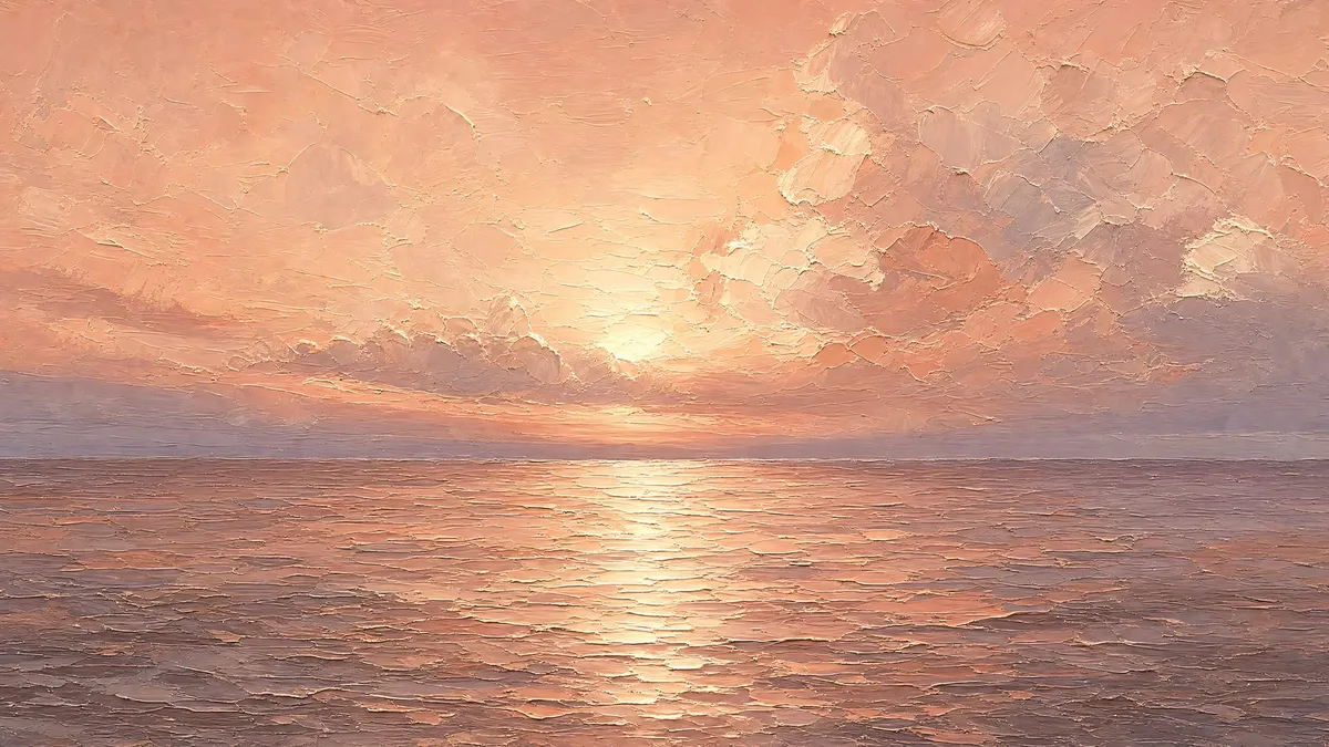 Abstracted seascape with pink sunset clouds over calm water and a glowing sun reflection