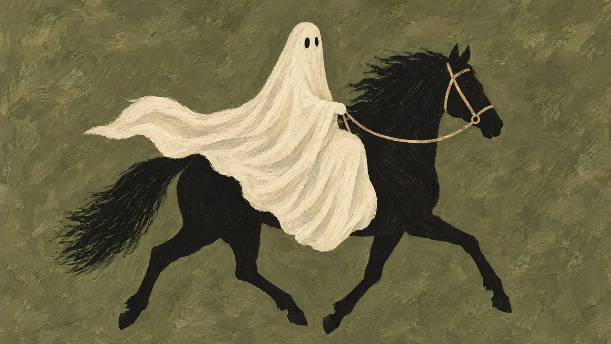 Ghost in a long ivory sheet riding side-saddle on a black horse in profile, against a mottled painted background