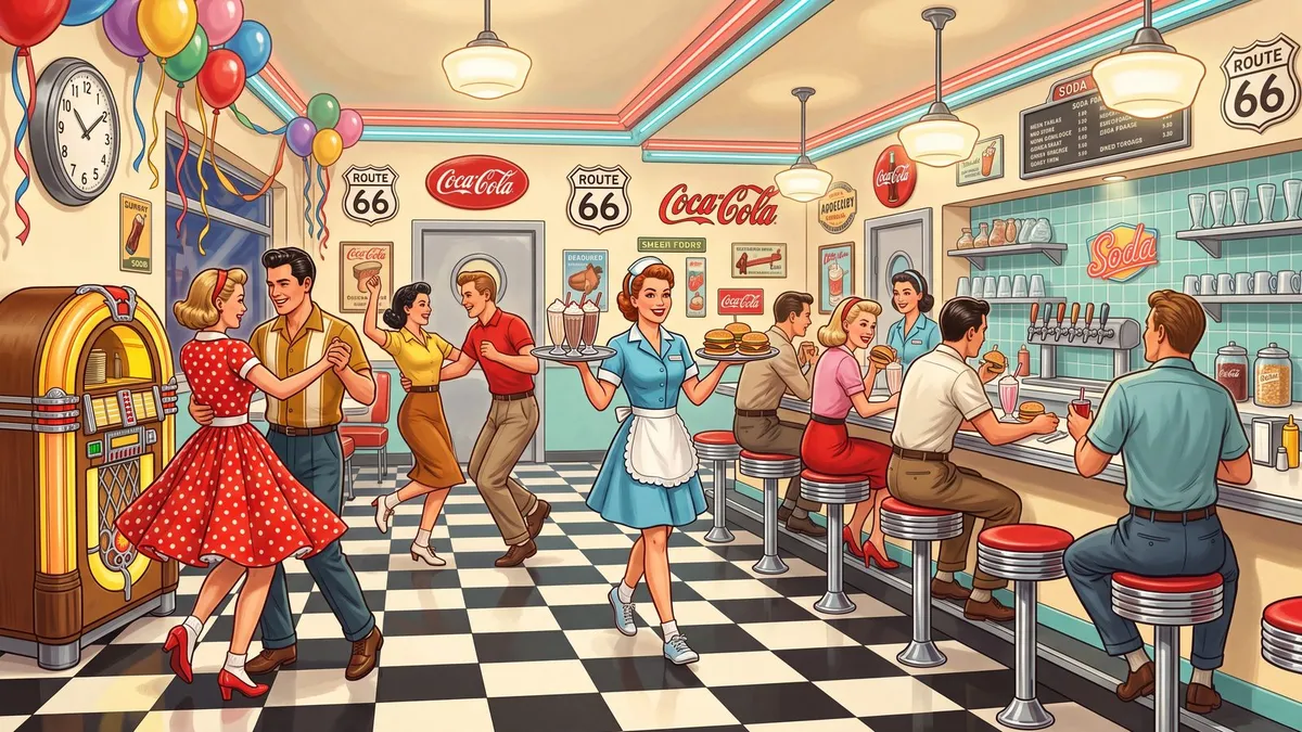Illustrated 1950s diner: couples dancing by a jukebox, a waitress with a tray, and patrons at a soda counter.